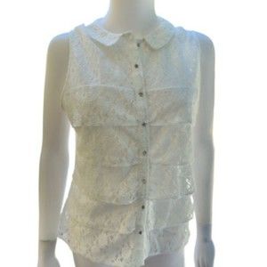 Zara womens size L  sleeveless lace top rhinestone buttons Peterpan collar